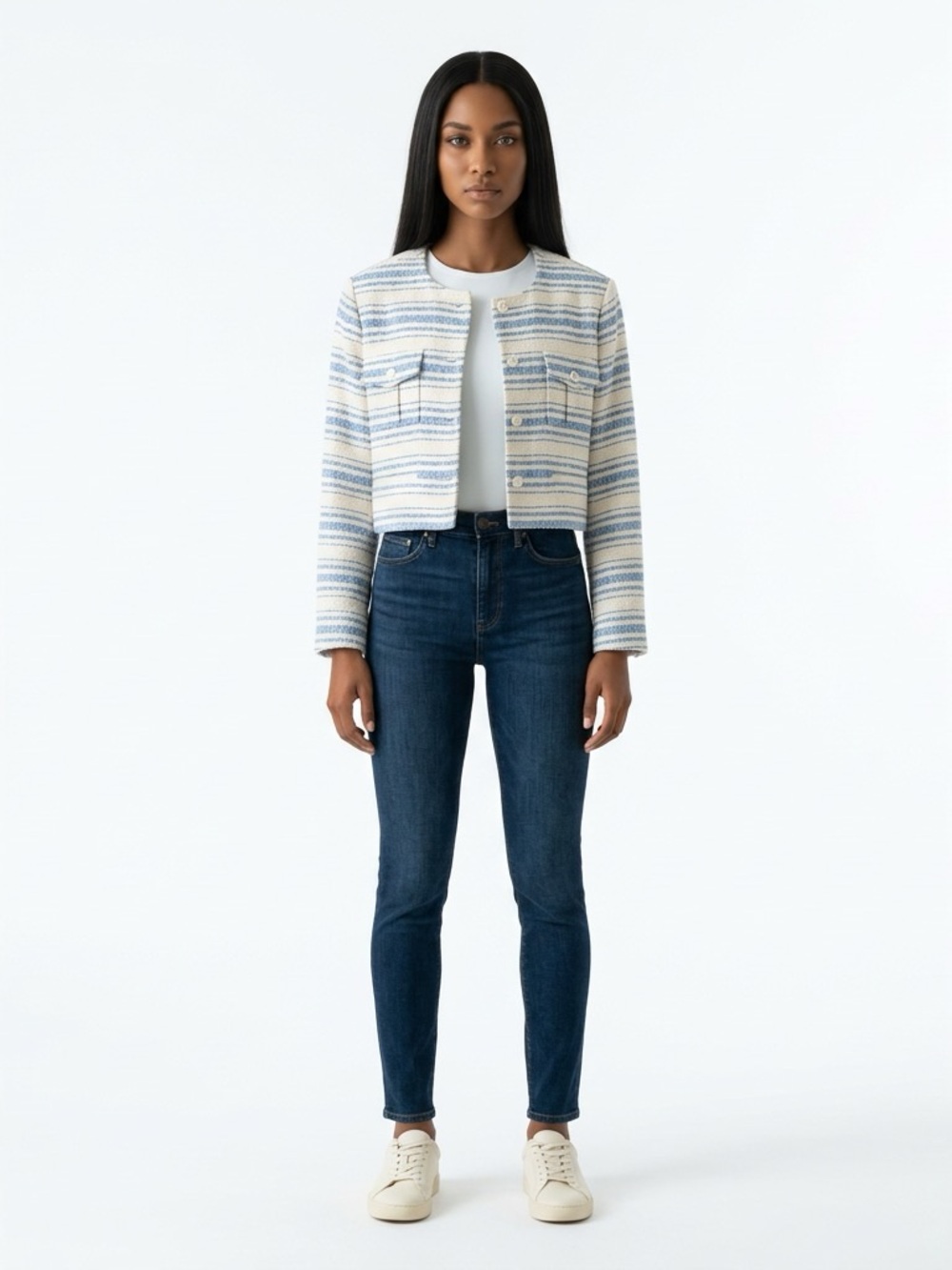 Ann Taylor Cropped Bouclé Blazer - Blue & White Stripes